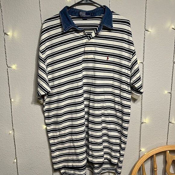 NWOT POLO by Ralph Lauren Ivory Polo with Navy Stripes and a Denim Collar - Picture 1 of 6